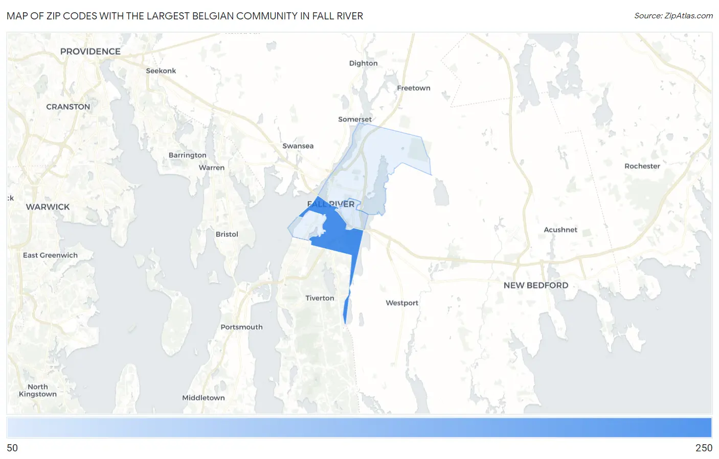 Zip Codes with the Largest Belgian Community in Fall River Map