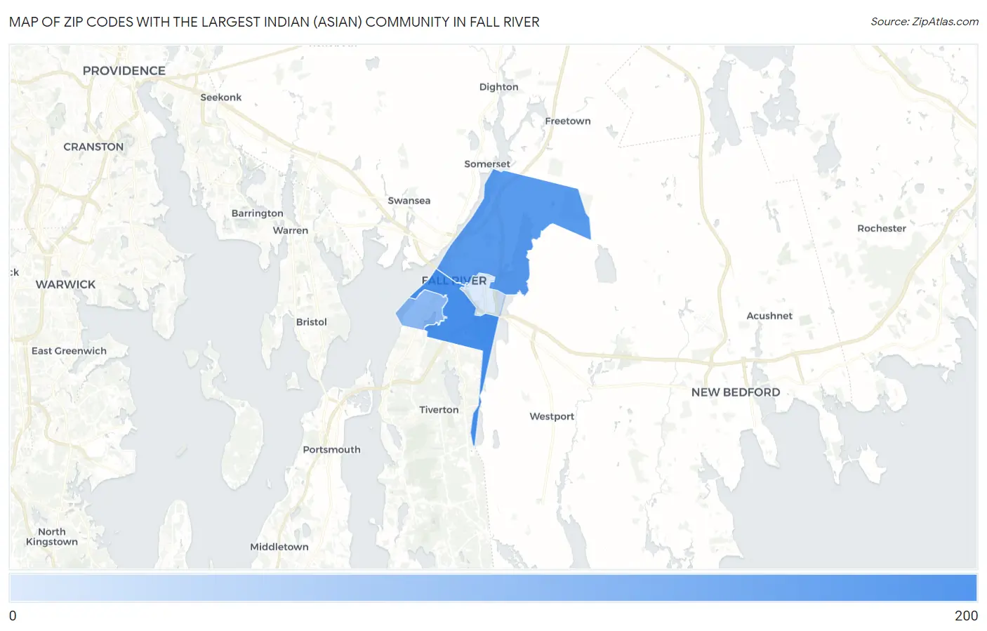 Zip Codes with the Largest Indian (Asian) Community in Fall River Map