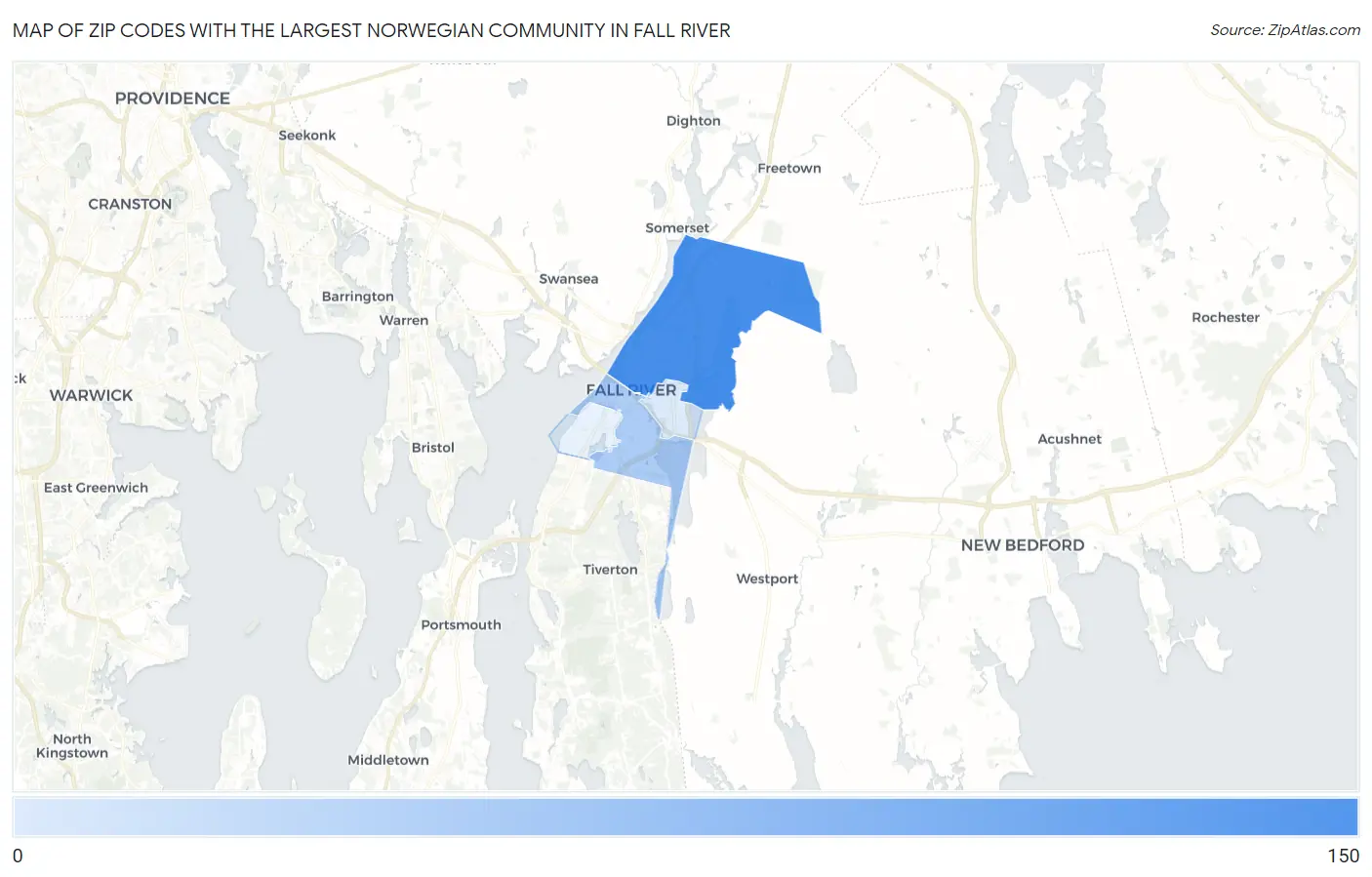 Zip Codes with the Largest Norwegian Community in Fall River Map