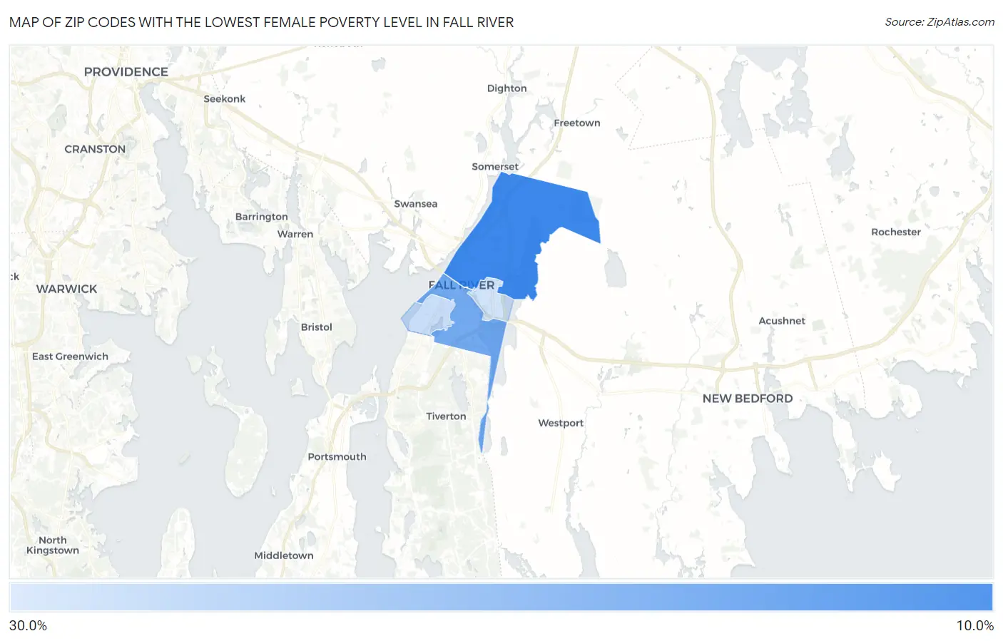 Zip Codes with the Lowest Female Poverty Level in Fall River Map