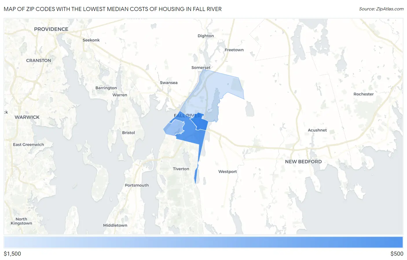 Zip Codes with the Lowest Median Costs of Housing in Fall River Map