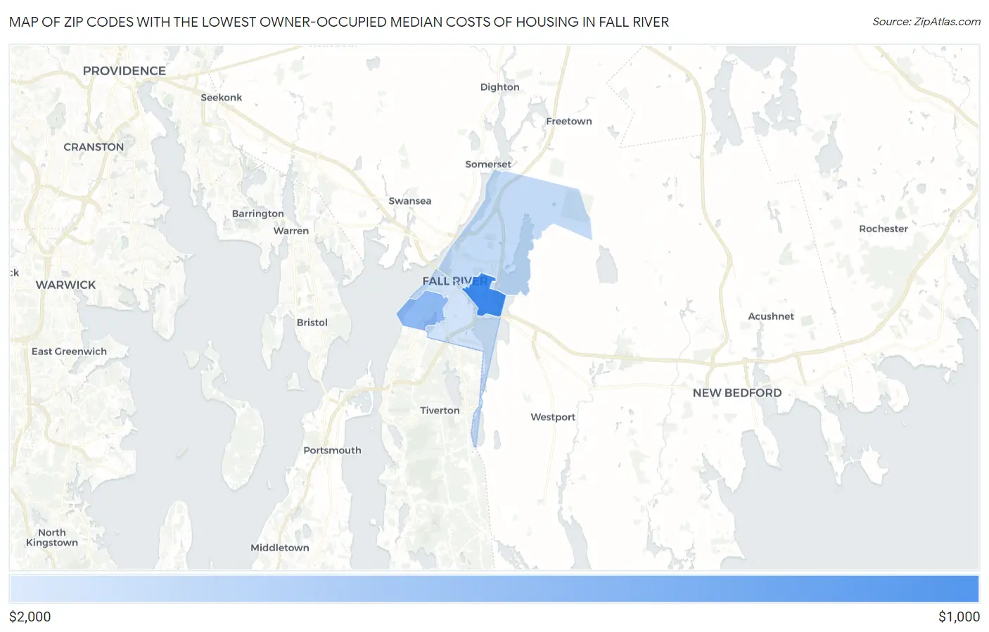 Zip Codes with the Lowest Owner-Occupied Median Costs of Housing in Fall River Map
