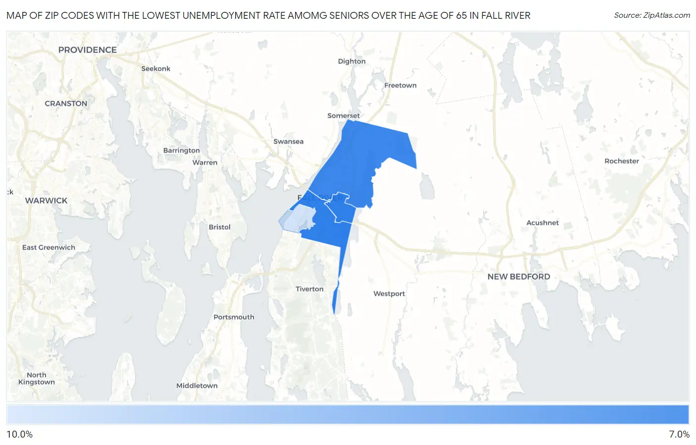 Zip Codes with the Lowest Unemployment Rate Amomg Seniors Over the Age of 65 in Fall River Map
