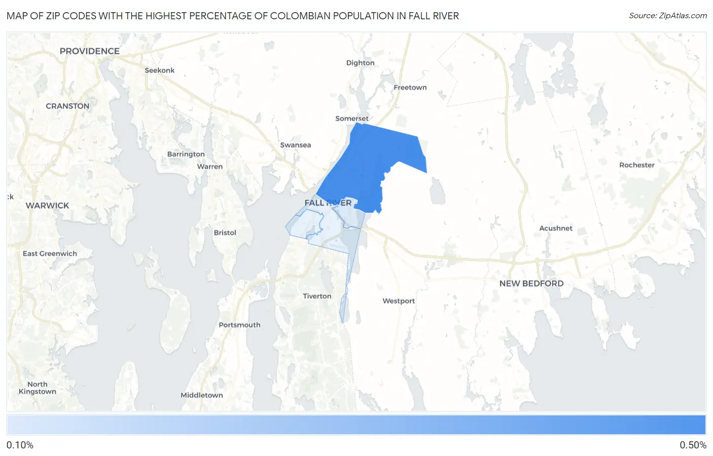 Zip Codes with the Highest Percentage of Colombian Population in Fall River Map