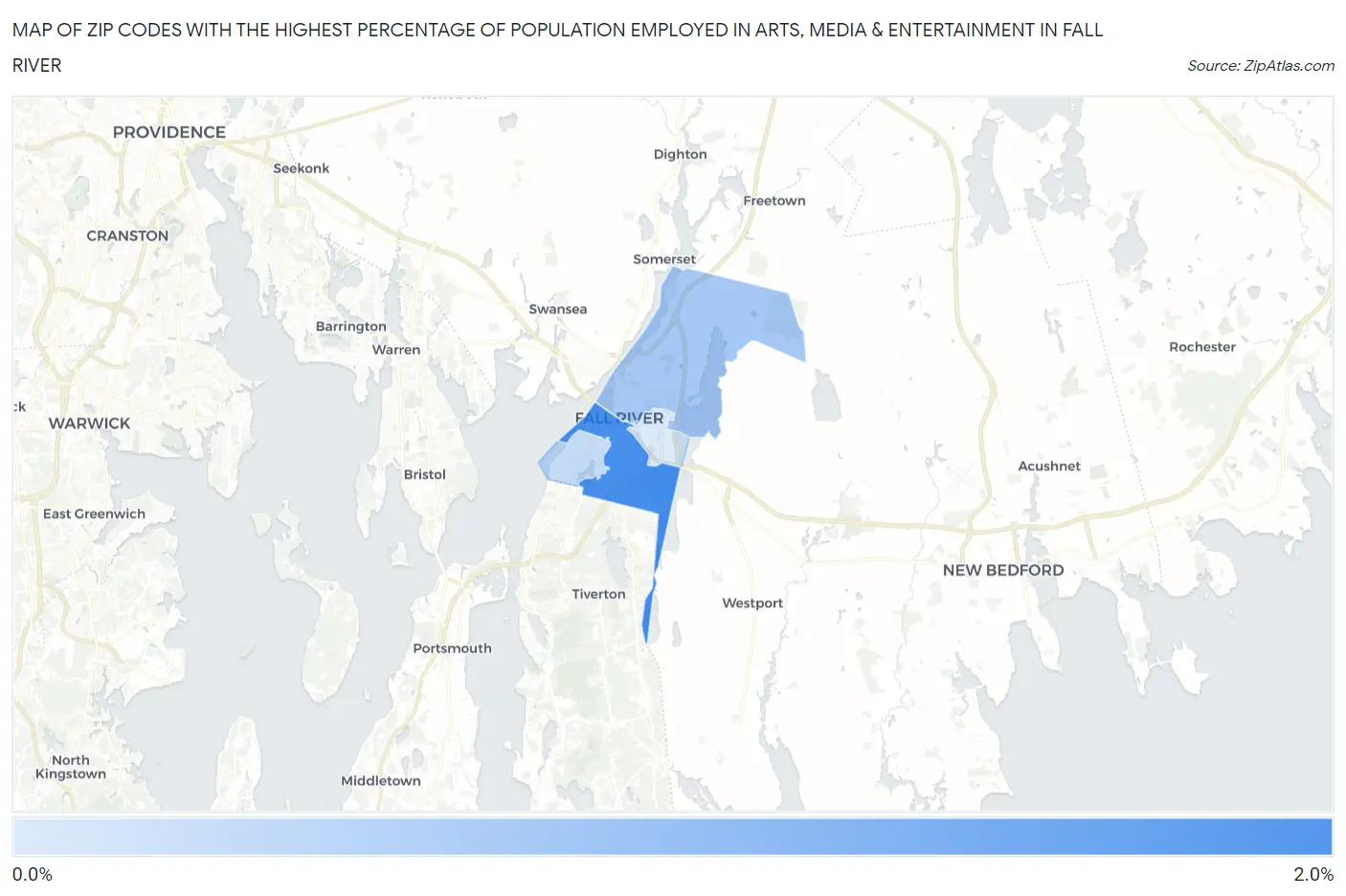 Zip Codes with the Highest Percentage of Population Employed in Arts, Media & Entertainment in Fall River Map
