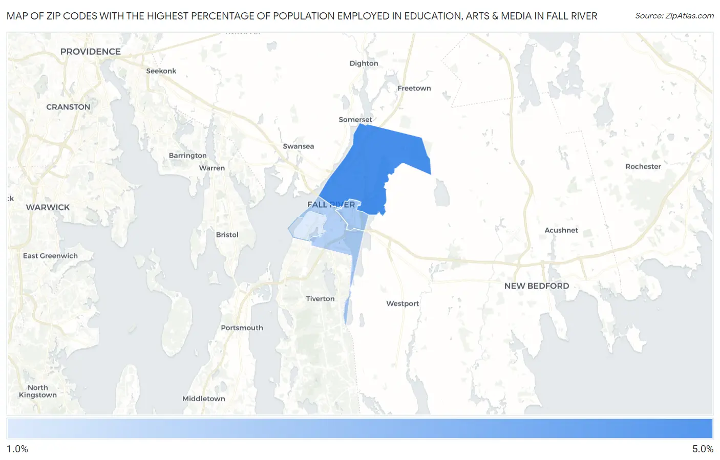 Zip Codes with the Highest Percentage of Population Employed in Education, Arts & Media in Fall River Map
