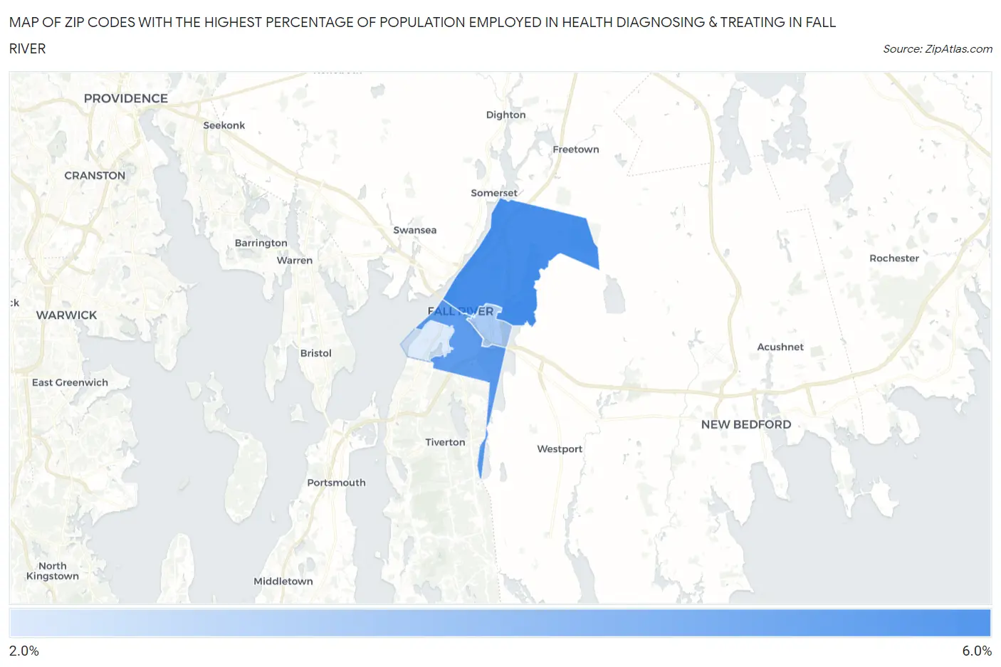 Zip Codes with the Highest Percentage of Population Employed in Health Diagnosing & Treating in Fall River Map
