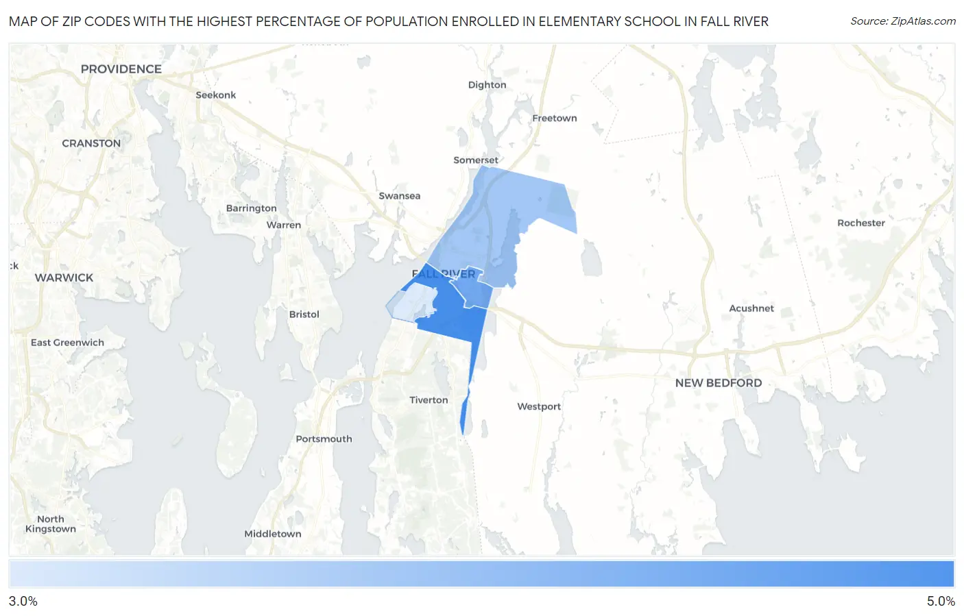 Zip Codes with the Highest Percentage of Population Enrolled in Elementary School in Fall River Map