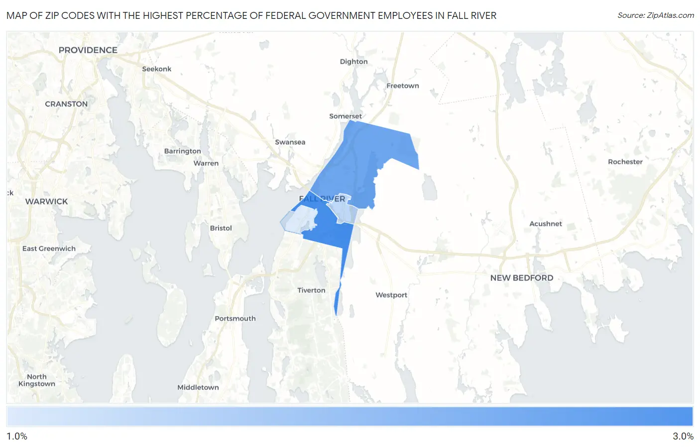 Zip Codes with the Highest Percentage of Federal Government Employees in Fall River Map
