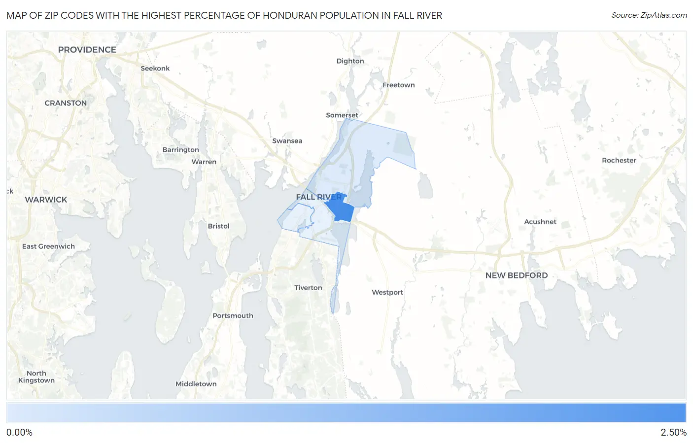 Zip Codes with the Highest Percentage of Honduran Population in Fall River Map