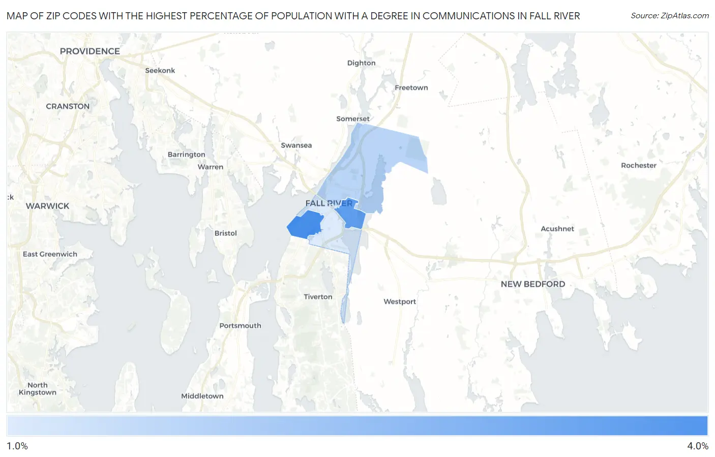Zip Codes with the Highest Percentage of Population with a Degree in Communications in Fall River Map