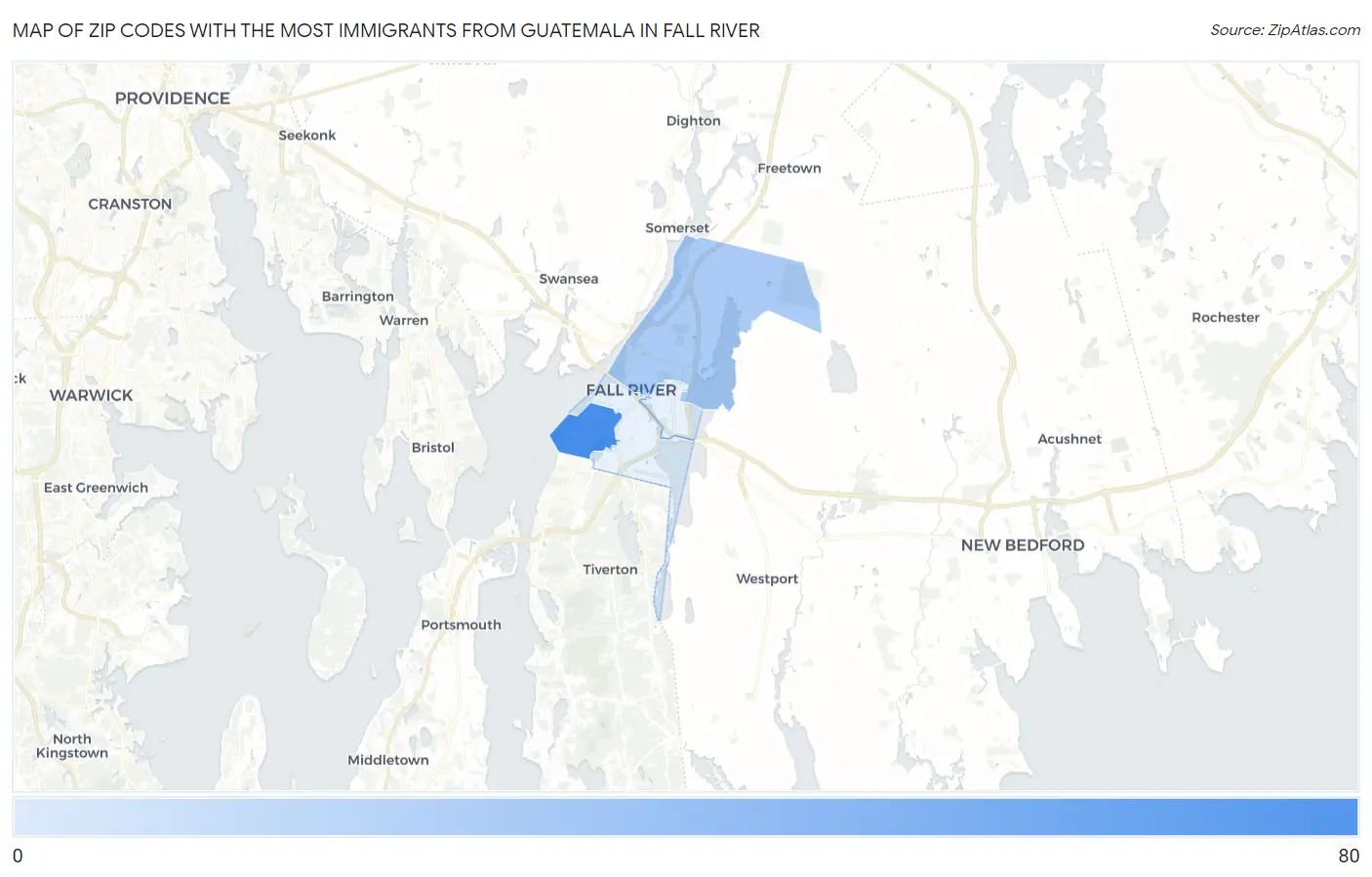 Zip Codes with the Most Immigrants from Guatemala in Fall River Map