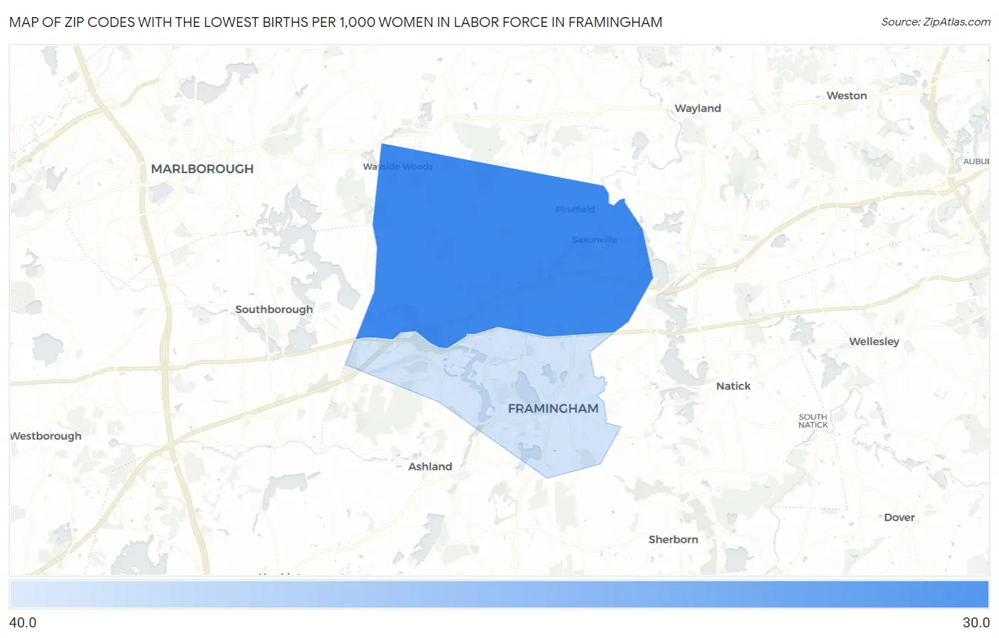 Zip Codes with the Lowest Births per 1,000 Women in Labor Force in Framingham Map