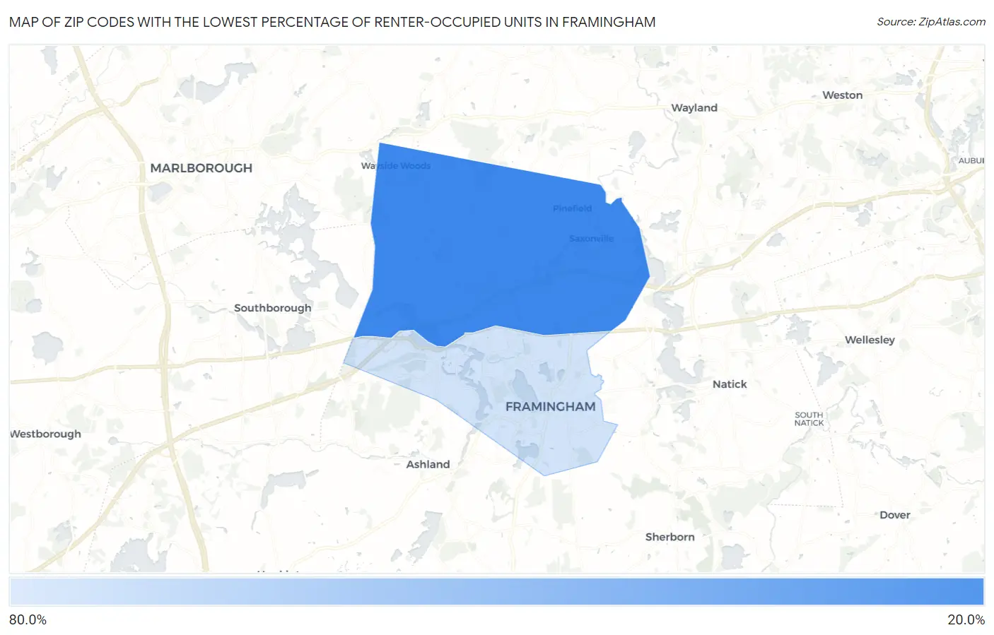Zip Codes with the Lowest Percentage of Renter-Occupied Units in Framingham Map