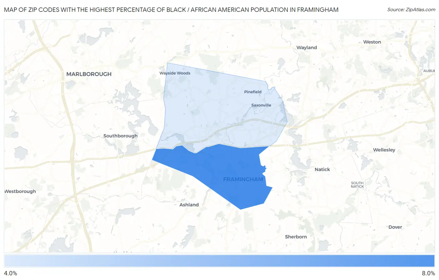 Zip Codes with the Highest Percentage of Black / African American Population in Framingham Map