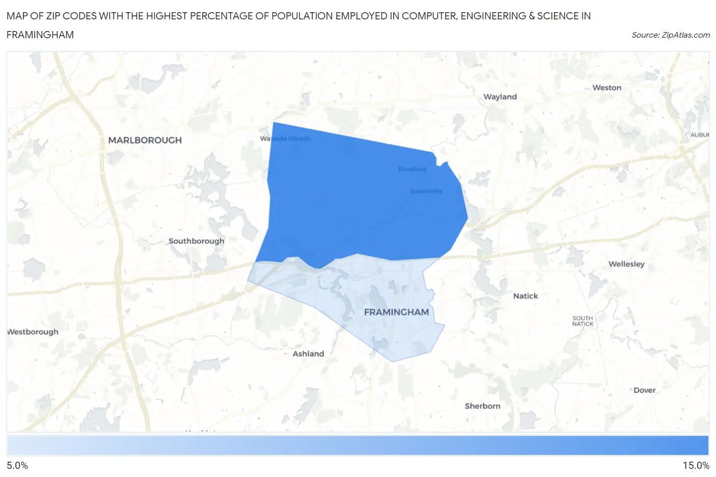 Zip Codes with the Highest Percentage of Population Employed in Computer, Engineering & Science in Framingham Map