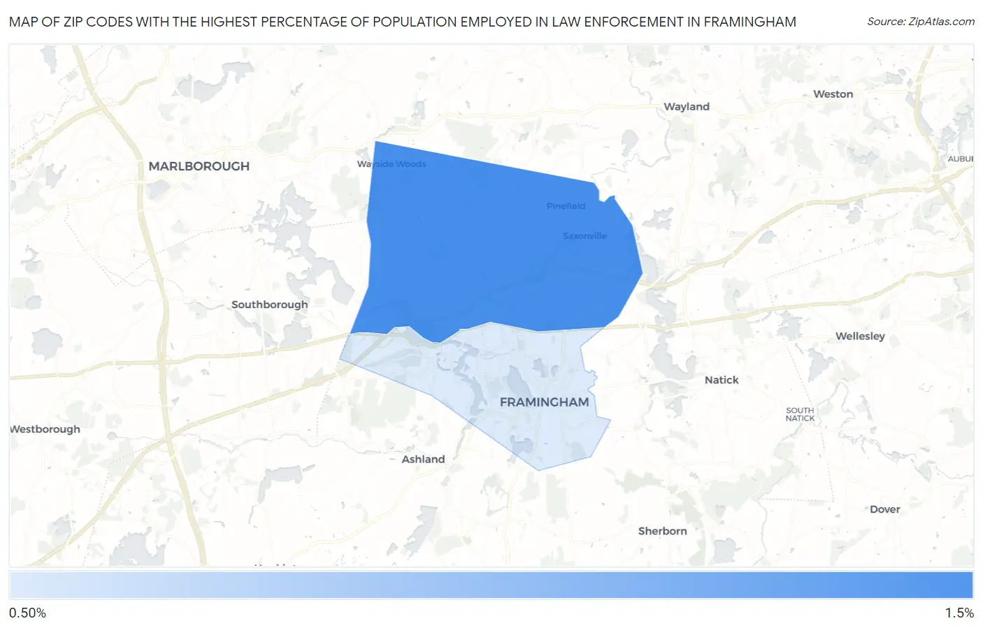 Zip Codes with the Highest Percentage of Population Employed in Law Enforcement in Framingham Map
