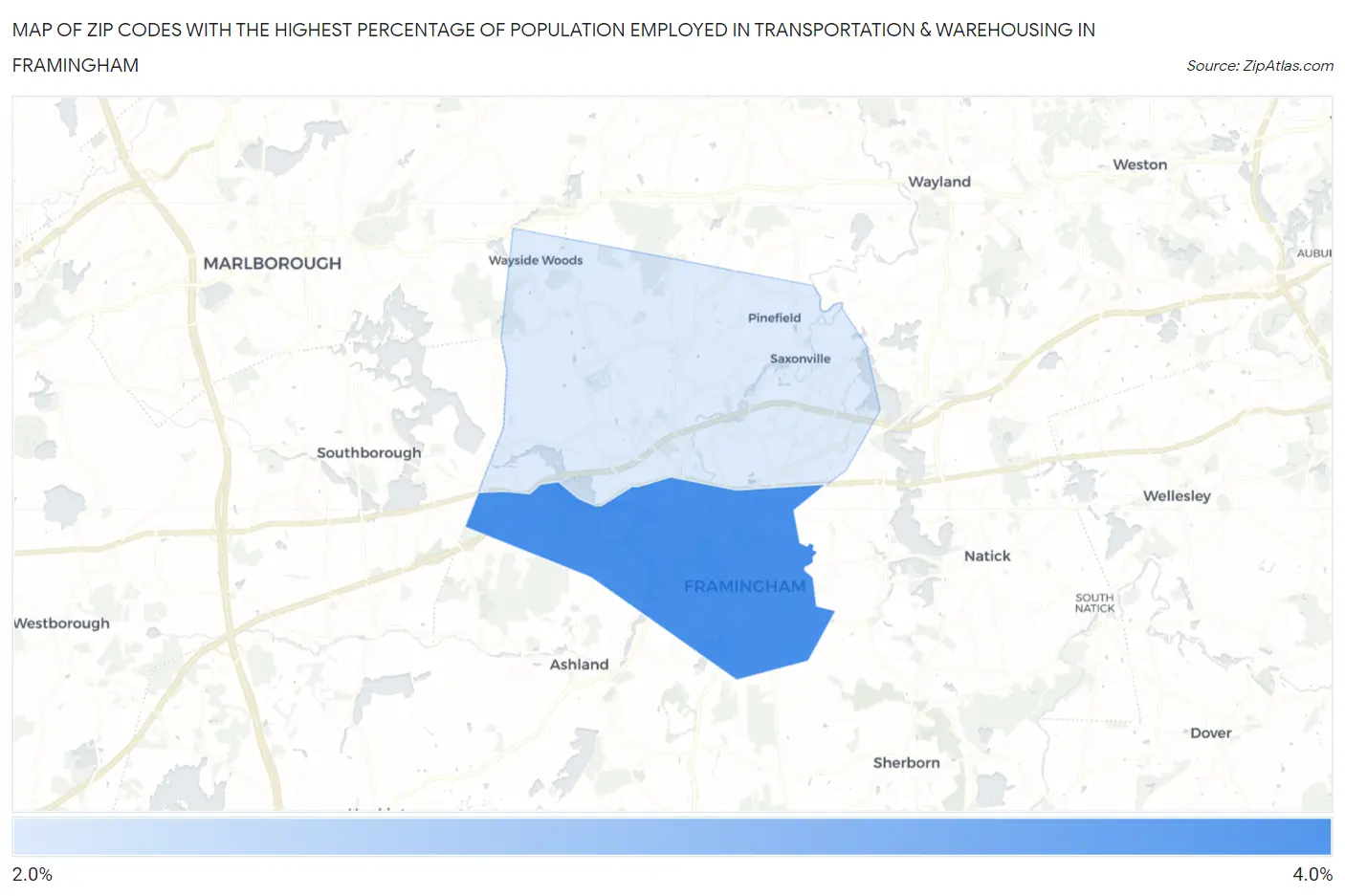 Zip Codes with the Highest Percentage of Population Employed in Transportation & Warehousing in Framingham Map