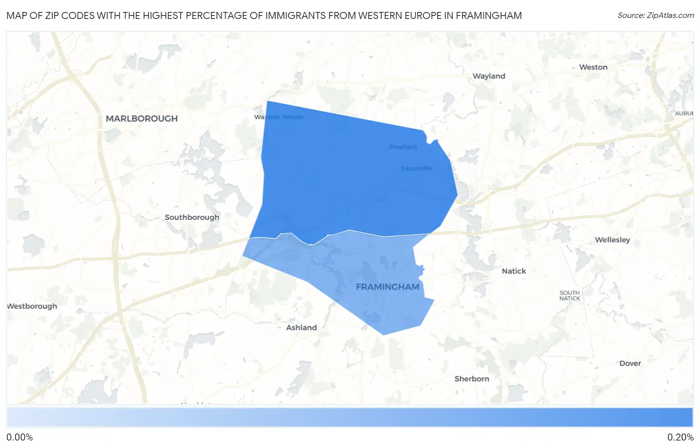 Zip Codes with the Highest Percentage of Immigrants from Western Europe in Framingham Map