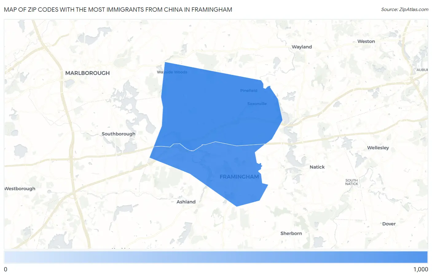Zip Codes with the Most Immigrants from China in Framingham Map
