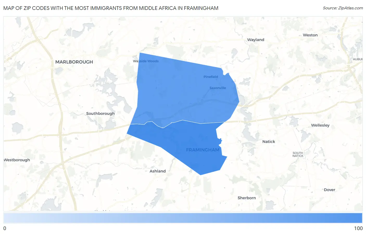 Zip Codes with the Most Immigrants from Middle Africa in Framingham Map
