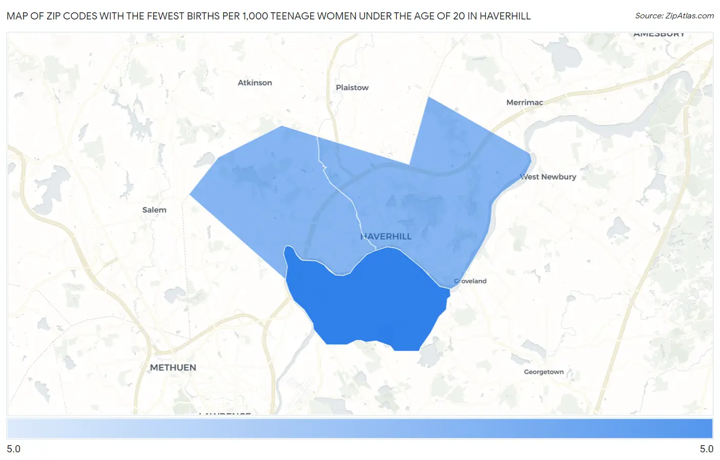 Zip Codes with the Fewest Births per 1,000 Teenage Women Under the Age of 20 in Haverhill Map