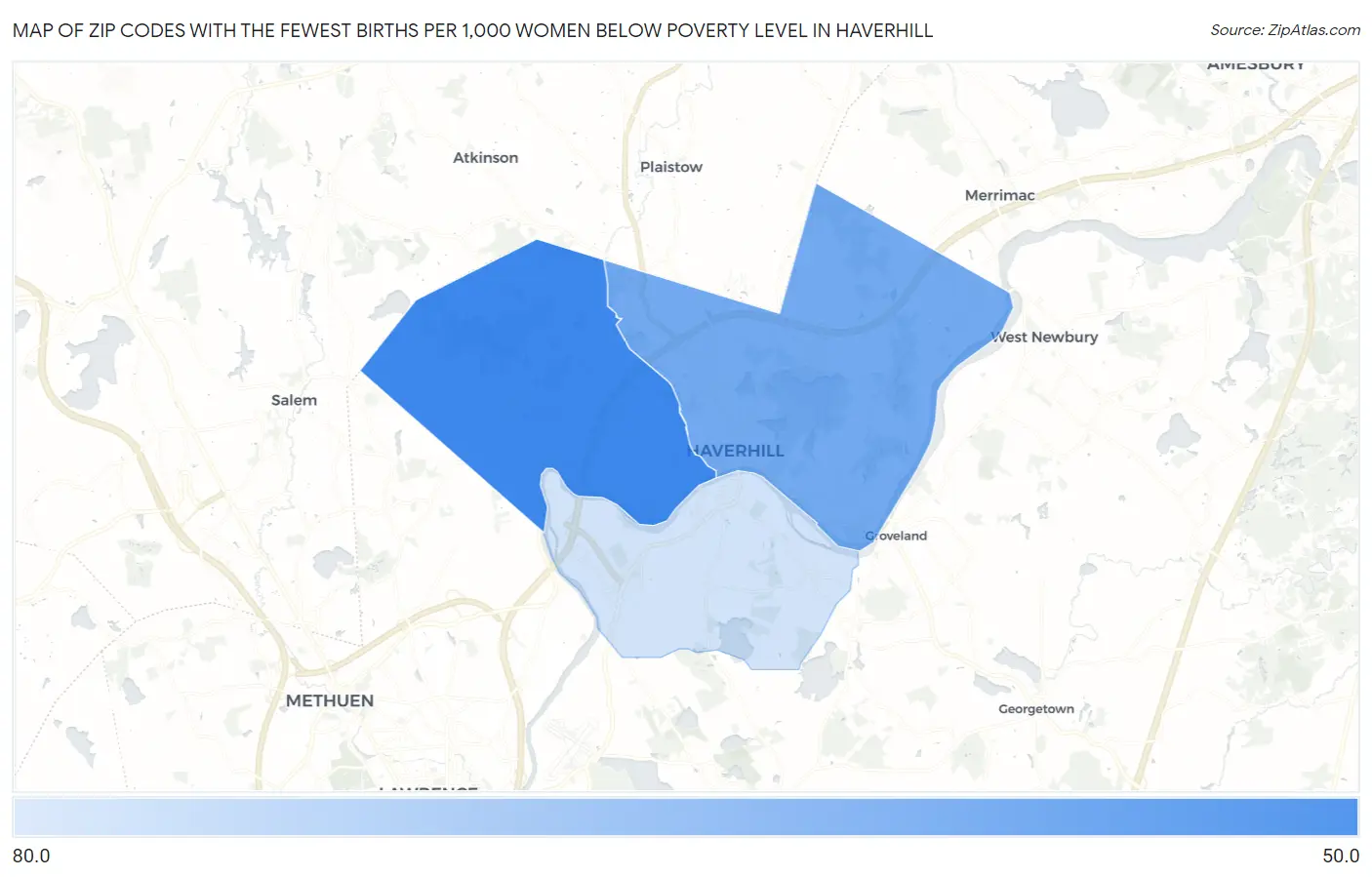 Zip Codes with the Fewest Births per 1,000 Women Below Poverty Level in Haverhill Map
