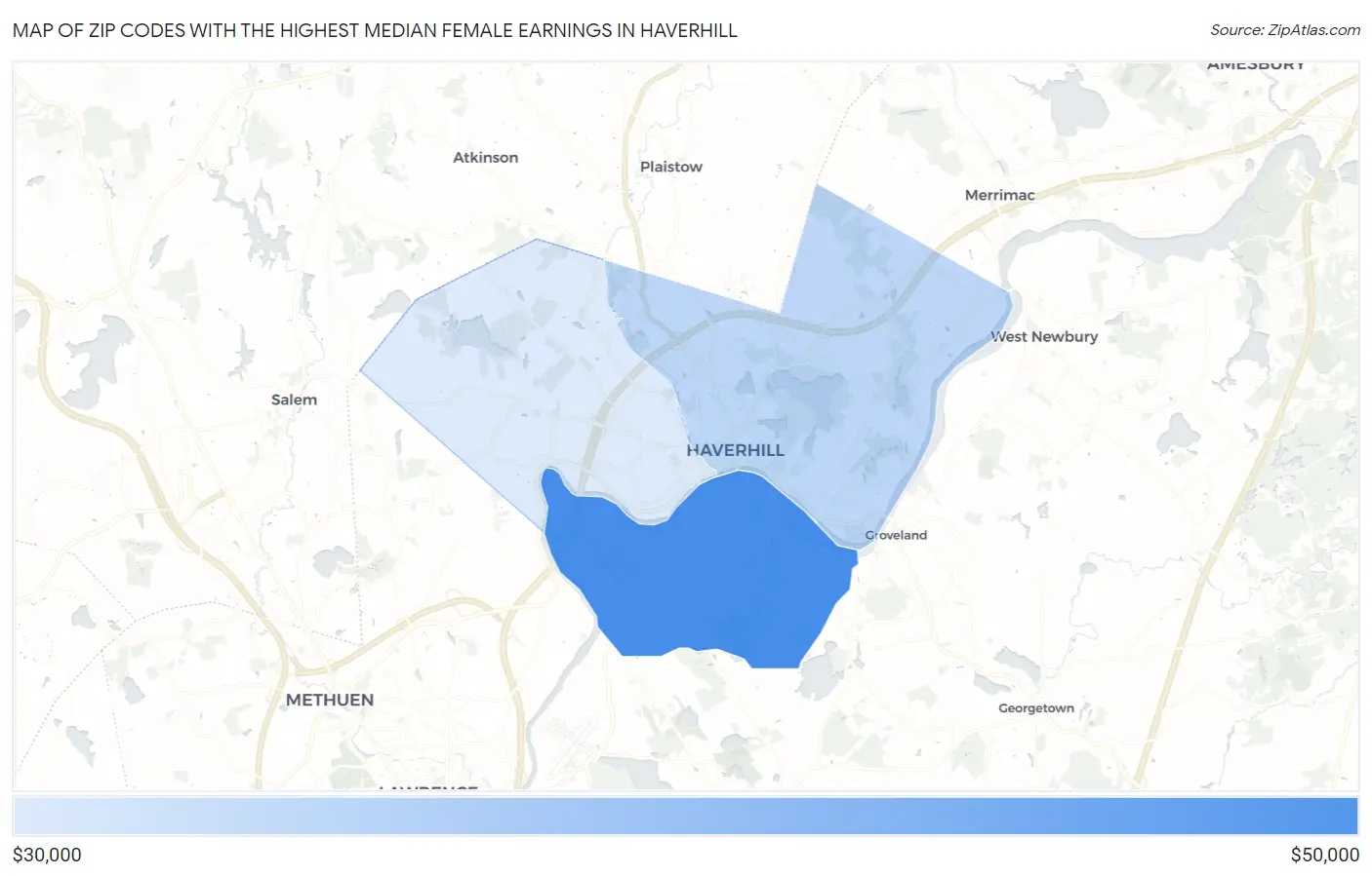 Zip Codes with the Highest Median Female Earnings in Haverhill Map