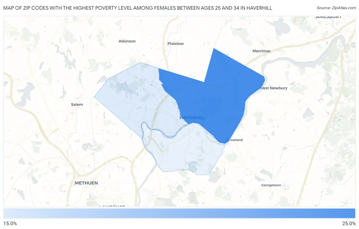 Zip Codes with the Highest Poverty Level Among Females Between Ages 25 and 34 in Haverhill Map