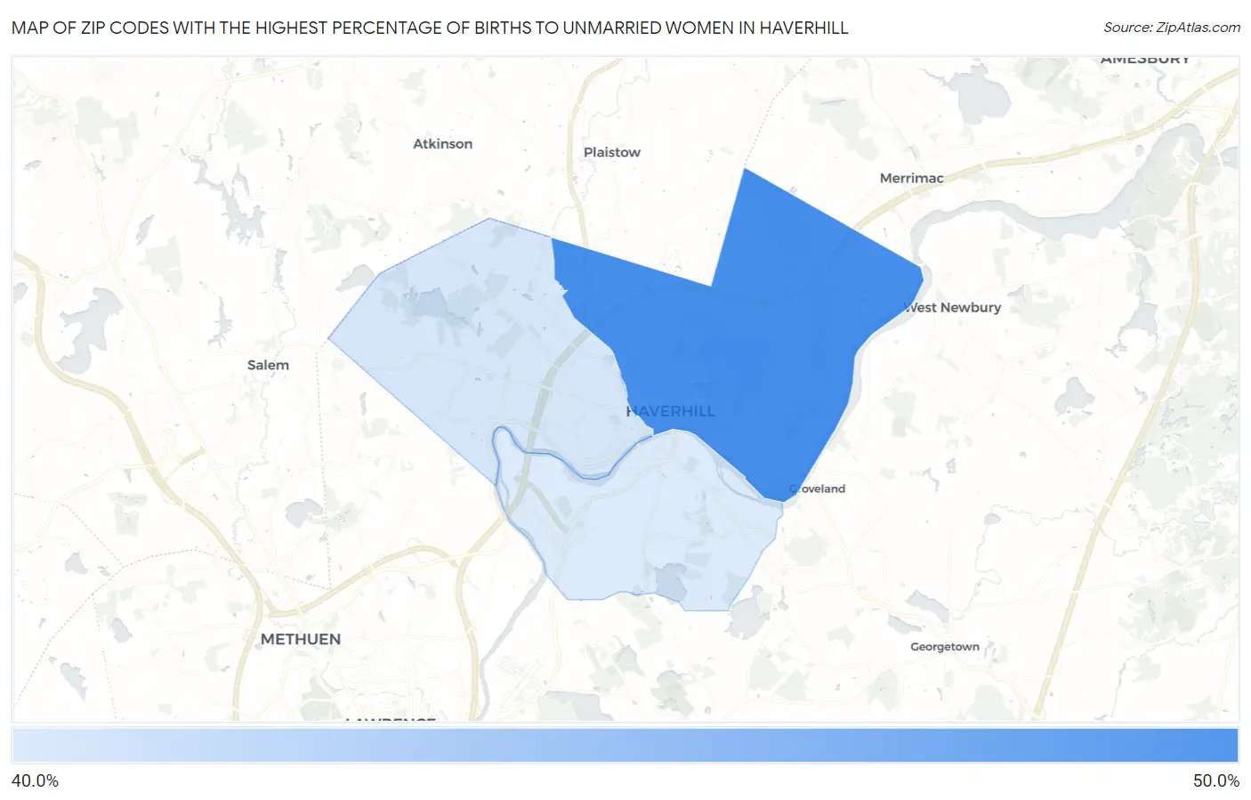 Zip Codes with the Highest Percentage of Births to Unmarried Women in Haverhill Map