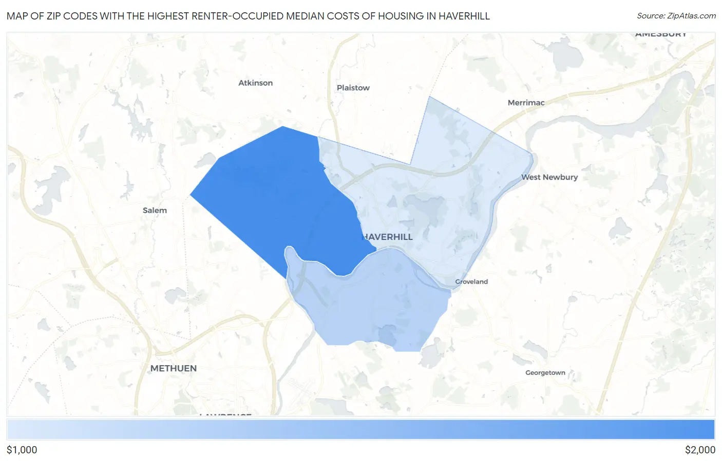 Zip Codes with the Highest Renter-Occupied Median Costs of Housing in Haverhill Map