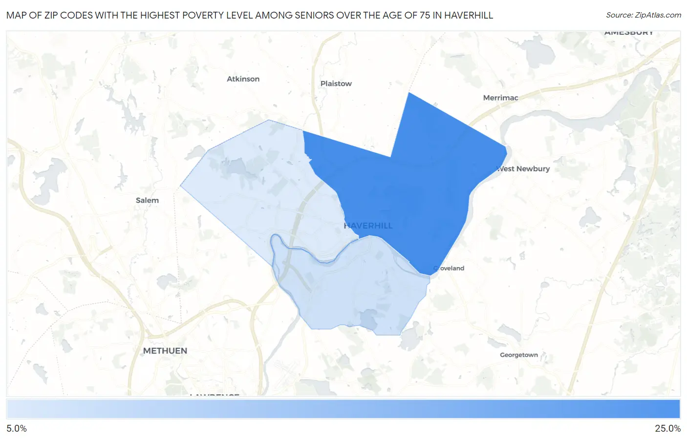 Zip Codes with the Highest Poverty Level Among Seniors Over the Age of 75 in Haverhill Map
