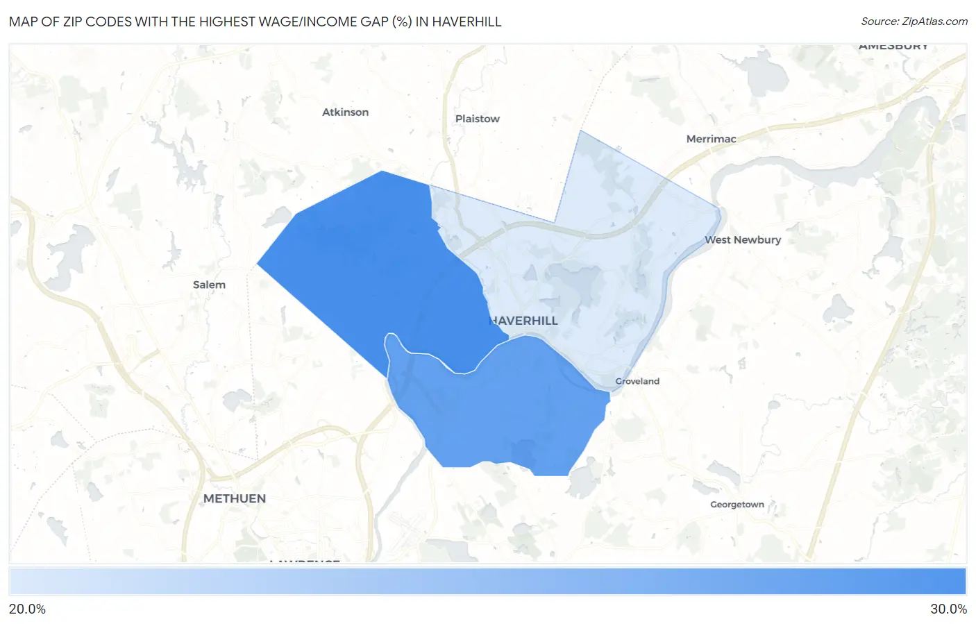 Zip Codes with the Highest Wage/Income Gap (%) in Haverhill Map
