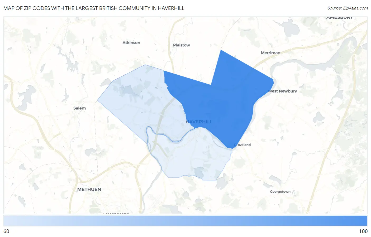 Zip Codes with the Largest British Community in Haverhill Map
