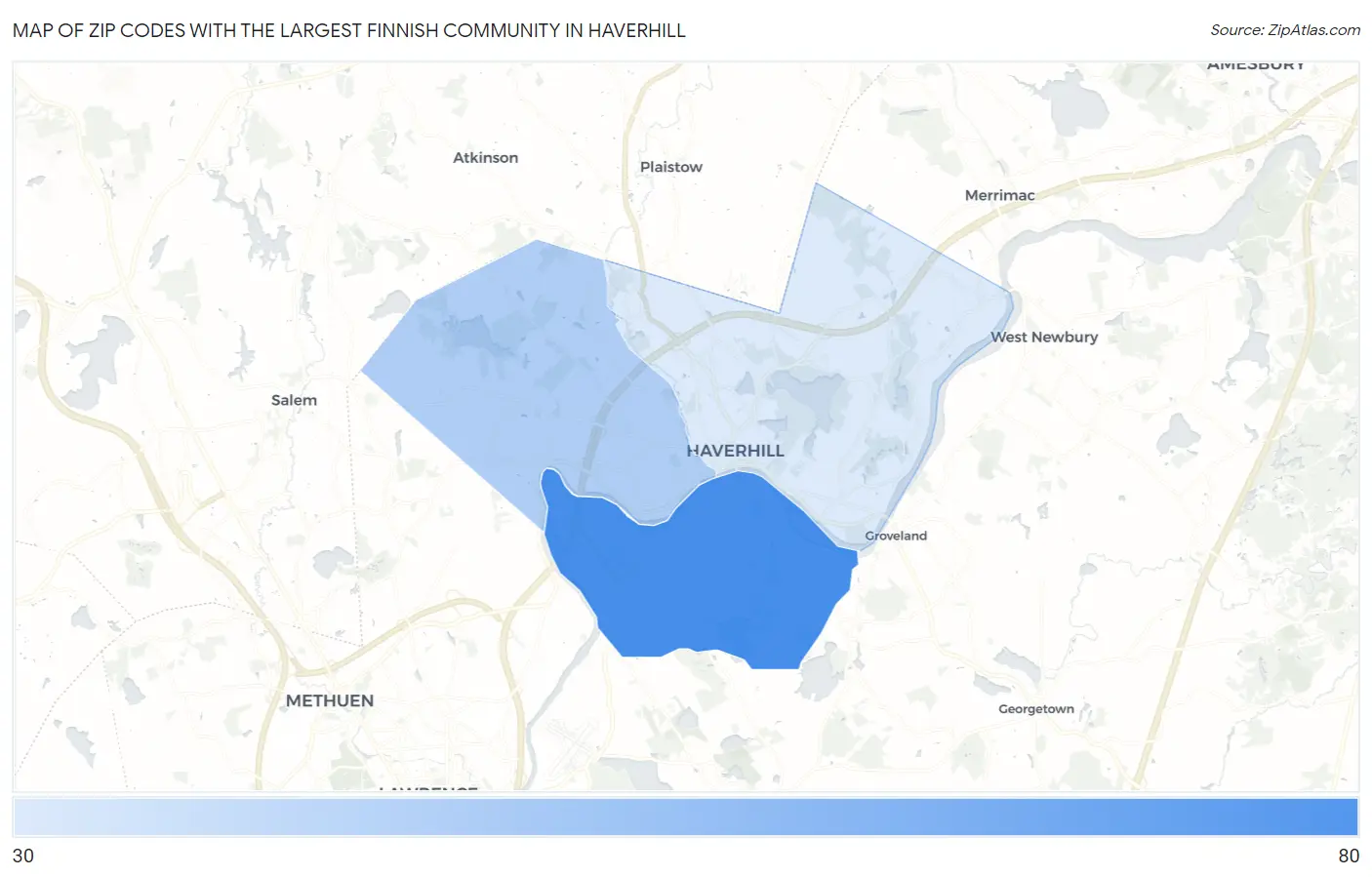 Zip Codes with the Largest Finnish Community in Haverhill Map