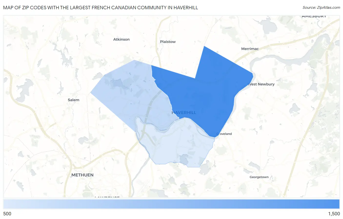 Zip Codes with the Largest French Canadian Community in Haverhill Map