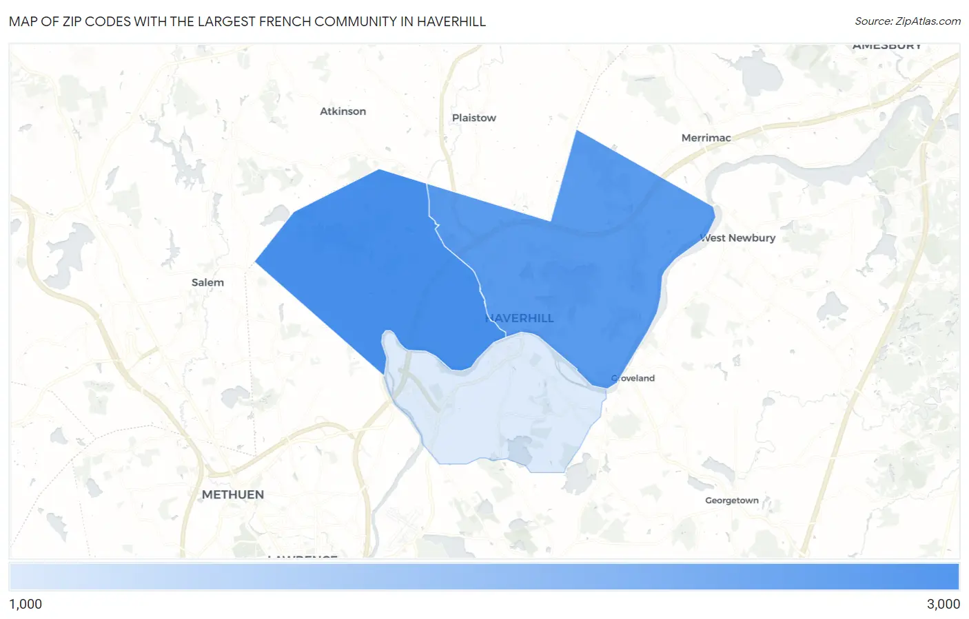 Zip Codes with the Largest French Community in Haverhill Map