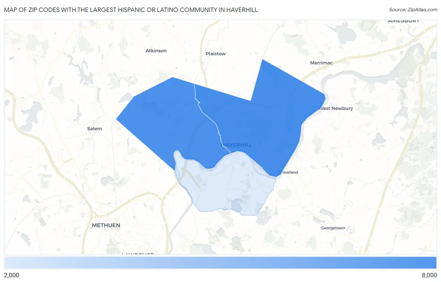 Zip Codes with the Largest Hispanic or Latino Community in Haverhill Map
