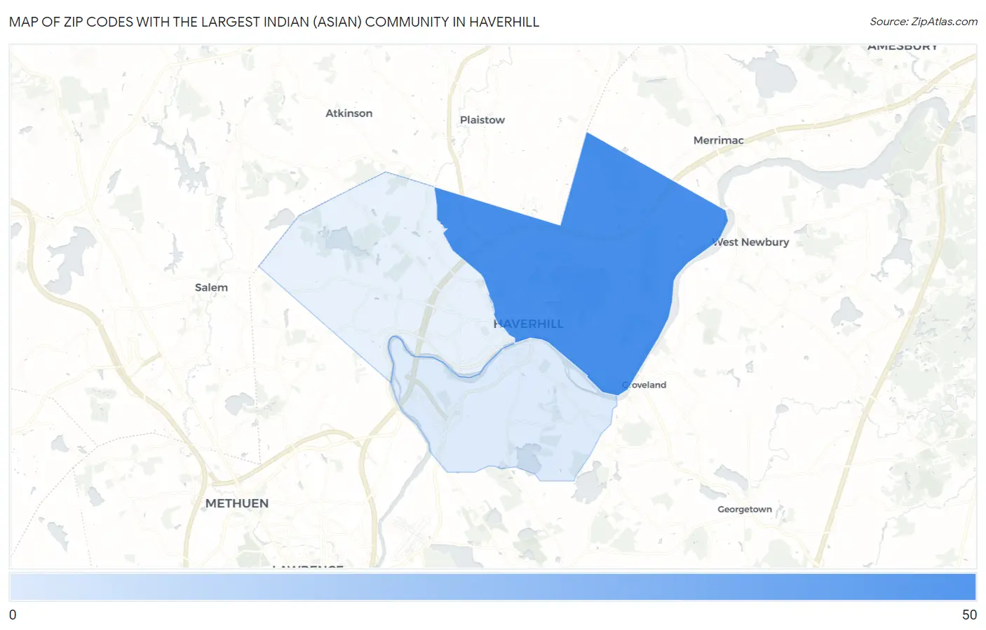 Zip Codes with the Largest Indian (Asian) Community in Haverhill Map