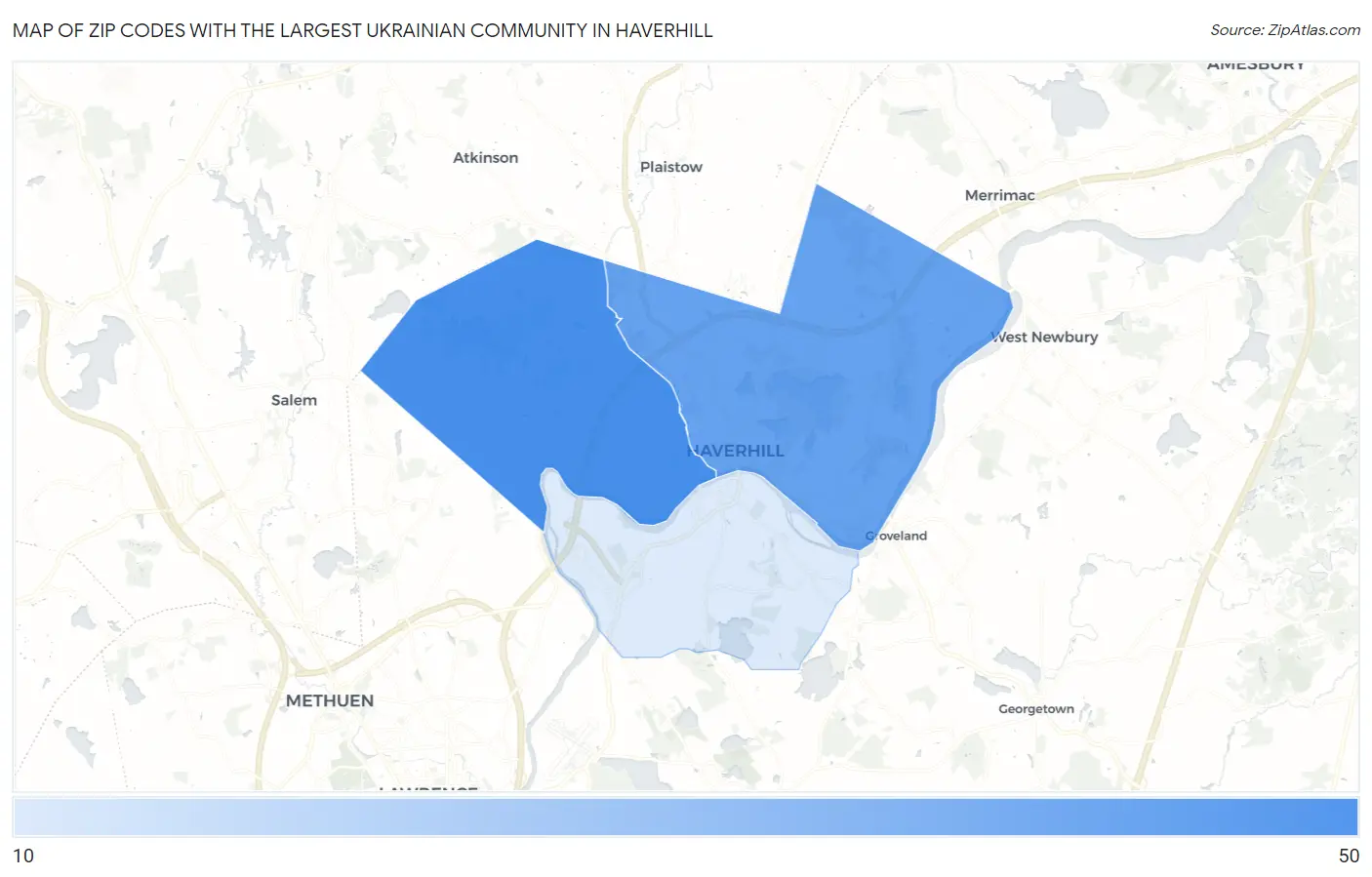 Zip Codes with the Largest Ukrainian Community in Haverhill Map