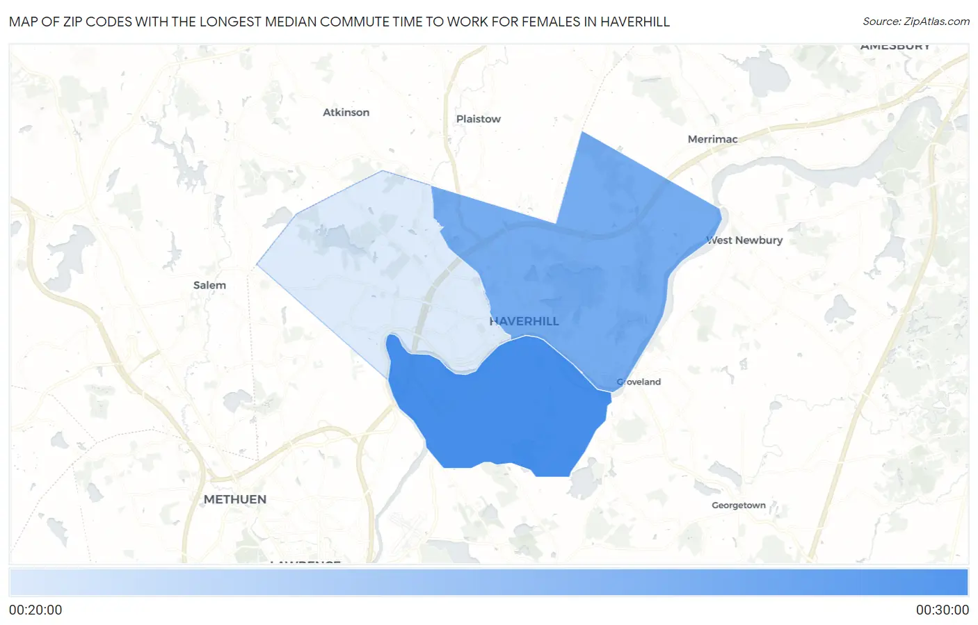 Zip Codes with the Longest Median Commute Time to Work for Females in Haverhill Map