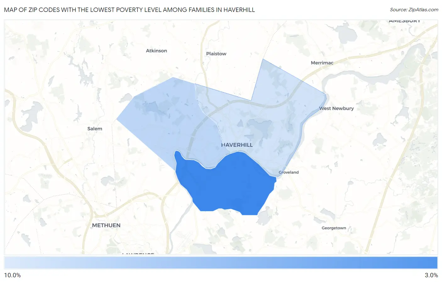 Zip Codes with the Lowest Poverty Level Among Families in Haverhill Map