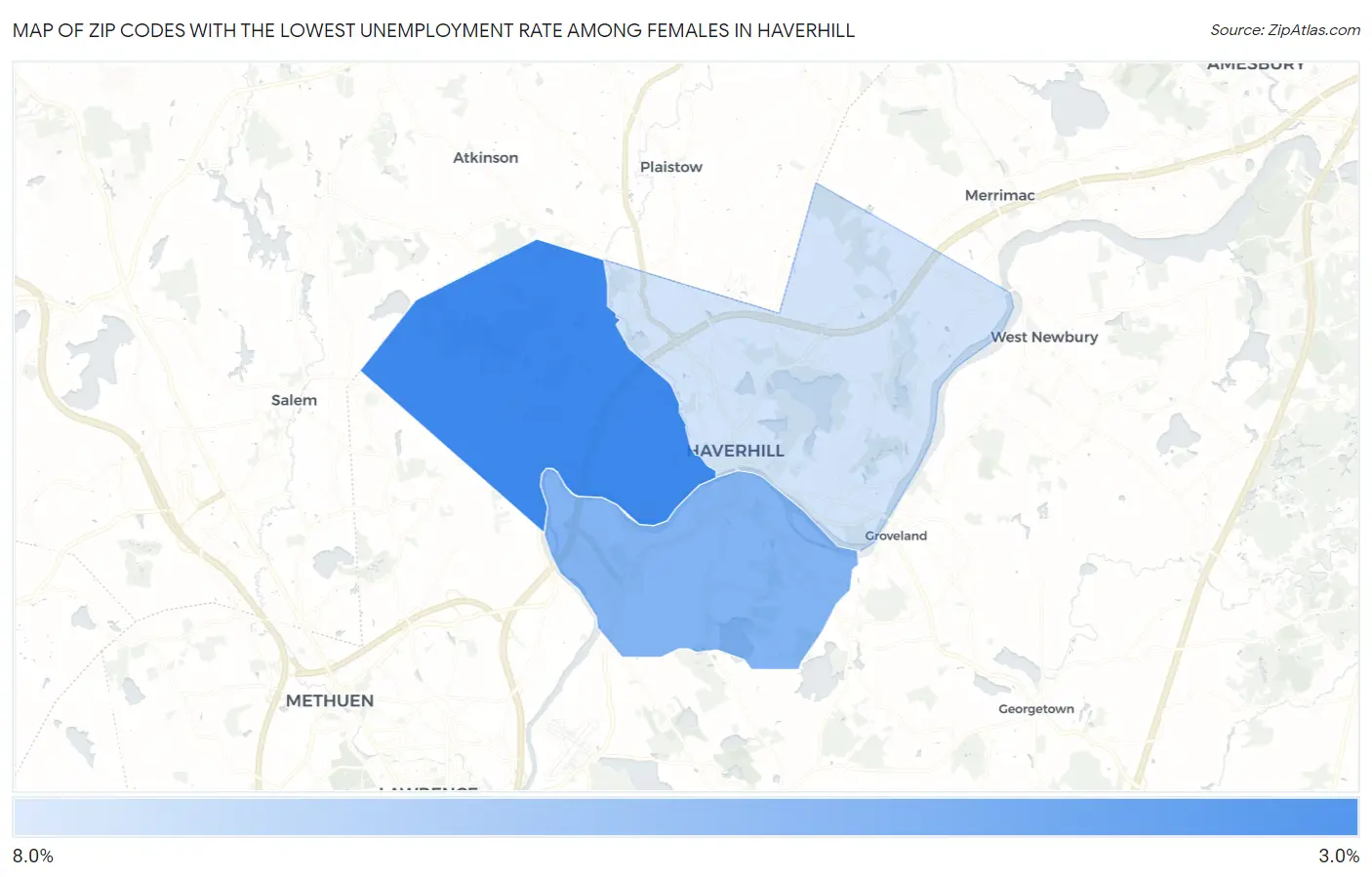 Zip Codes with the Lowest Unemployment Rate Among Females in Haverhill Map