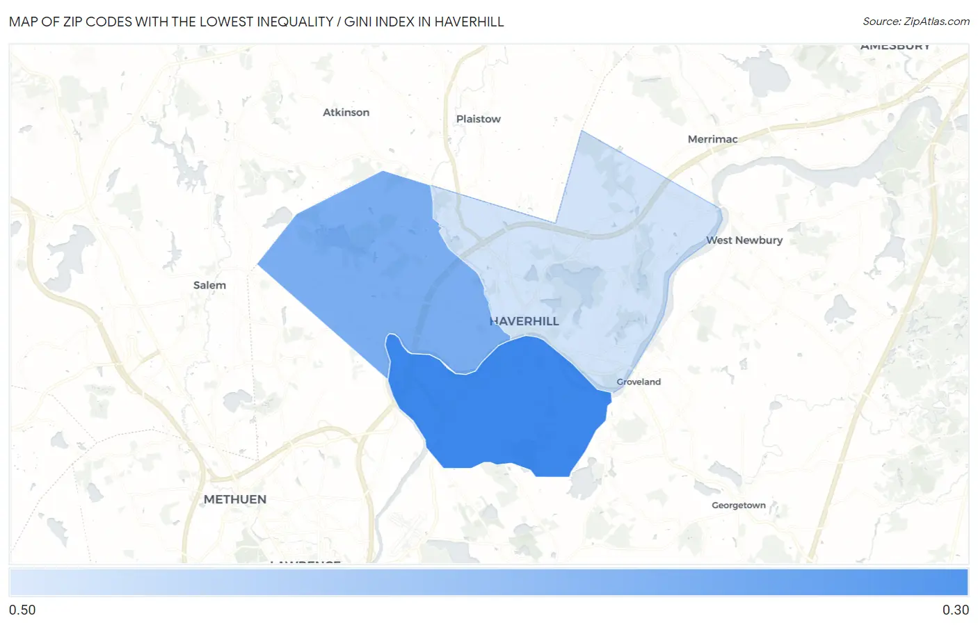 Zip Codes with the Lowest Inequality / Gini Index in Haverhill Map