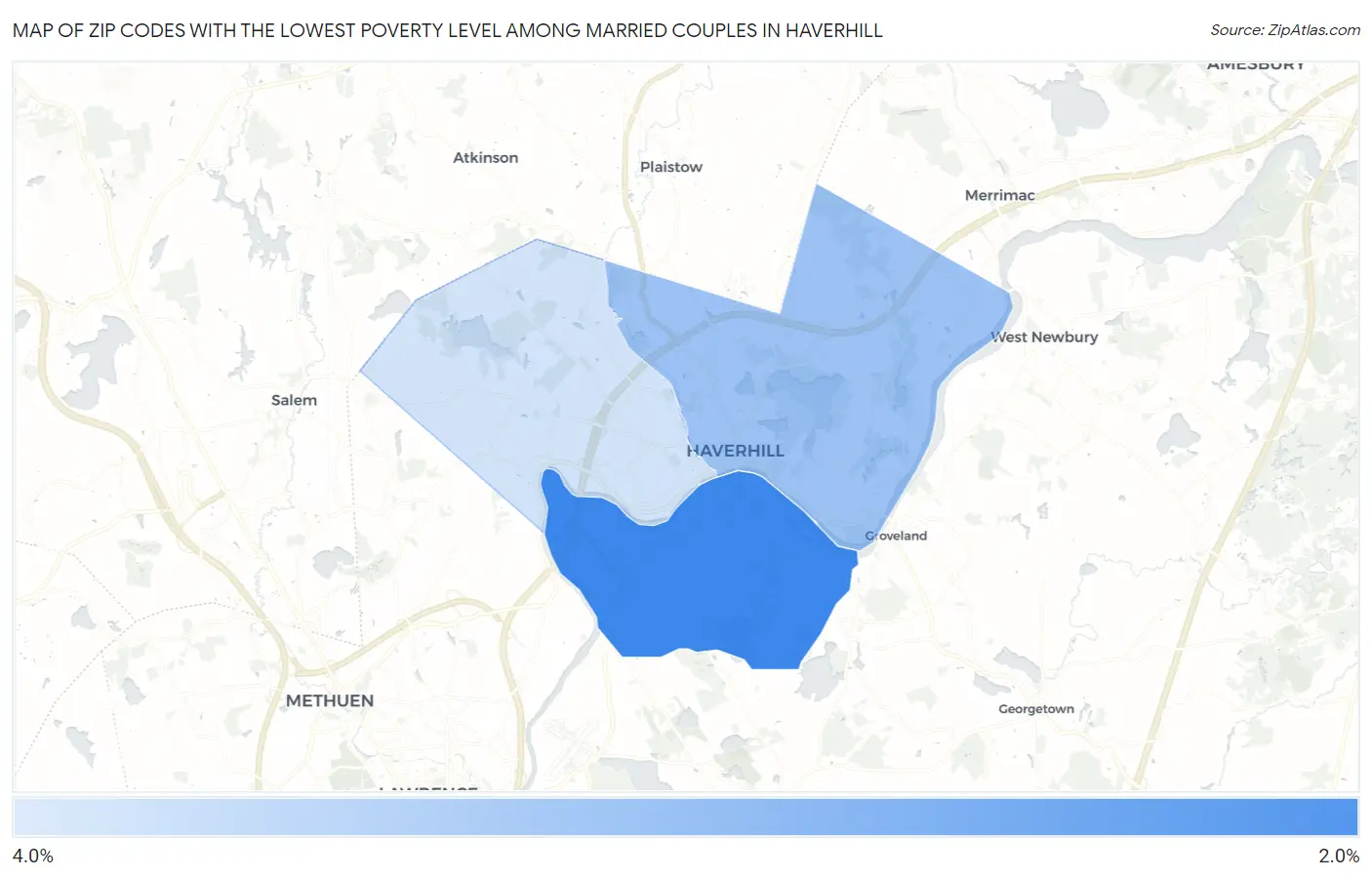 Zip Codes with the Lowest Poverty Level Among Married Couples in Haverhill Map