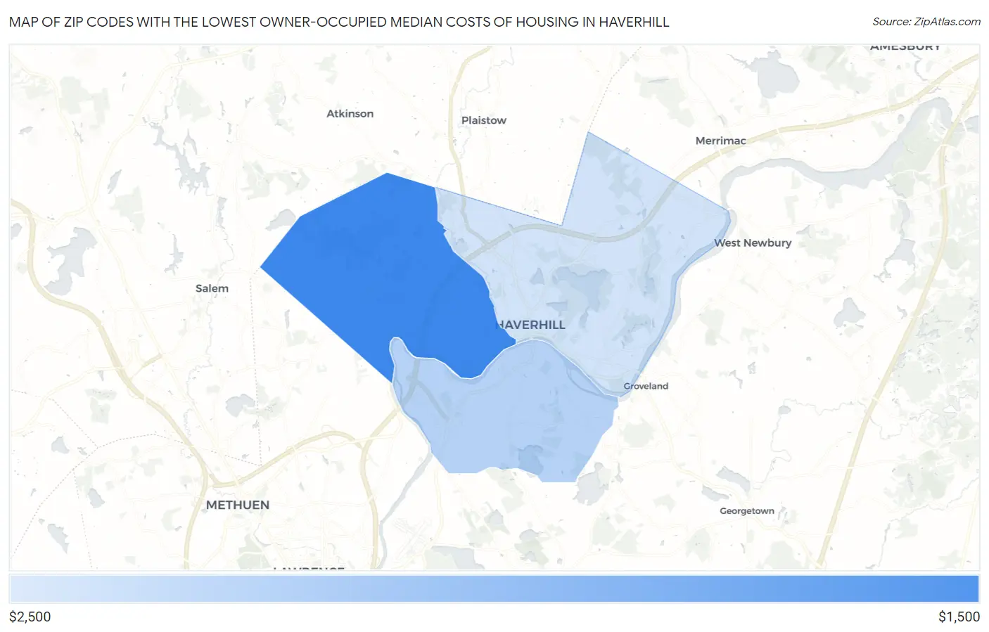 Zip Codes with the Lowest Owner-Occupied Median Costs of Housing in Haverhill Map