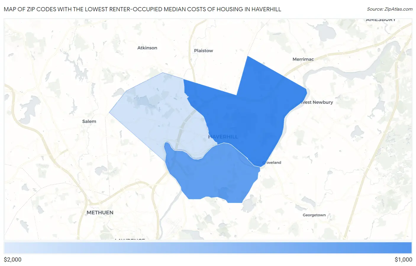 Zip Codes with the Lowest Renter-Occupied Median Costs of Housing in Haverhill Map