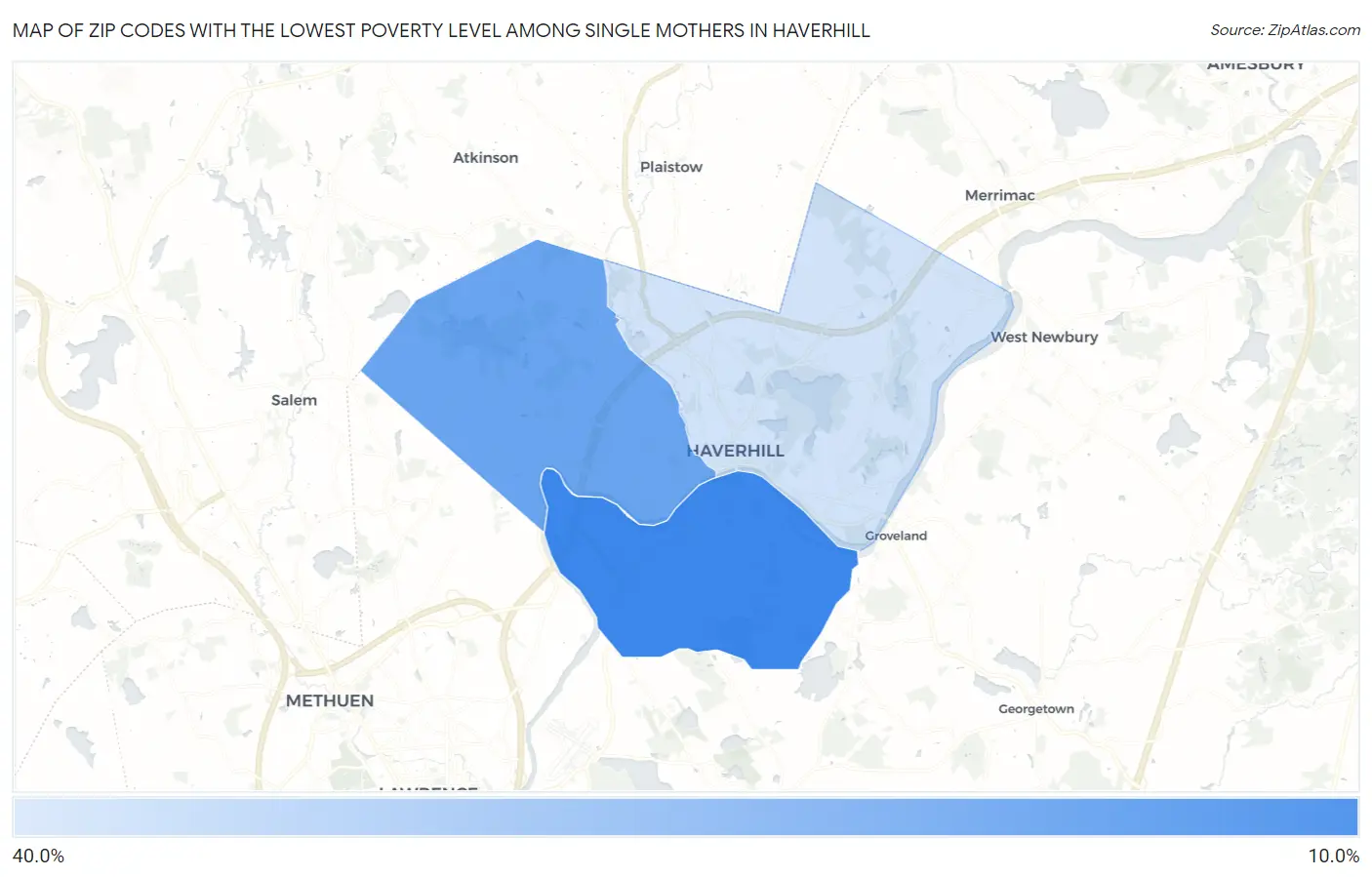 Zip Codes with the Lowest Poverty Level Among Single Mothers in Haverhill Map