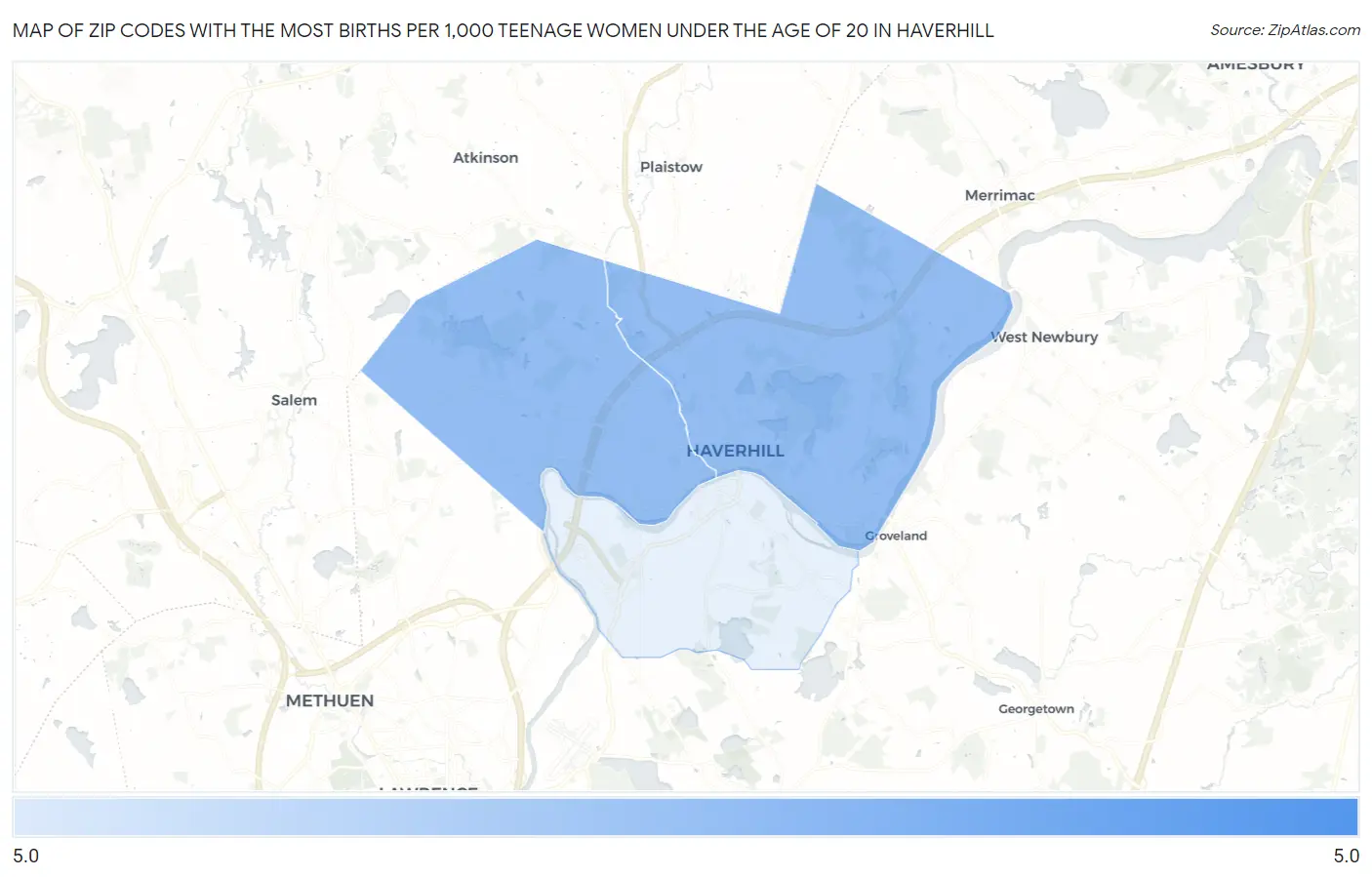 Zip Codes with the Most Births per 1,000 Teenage Women Under the Age of 20 in Haverhill Map