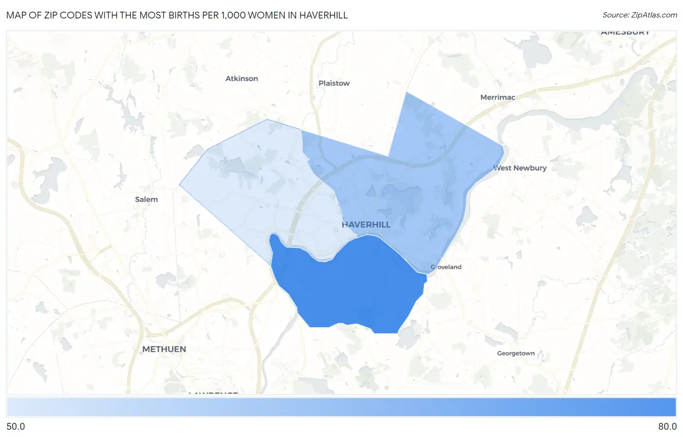 Zip Codes with the Most Births per 1,000 Women in Haverhill Map